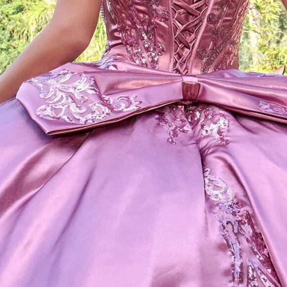 New Dusty Rose Off The Shoulder Maxi Satin Quinceanera Gown w/ Sequins GL3794 - Picture 12 of 14